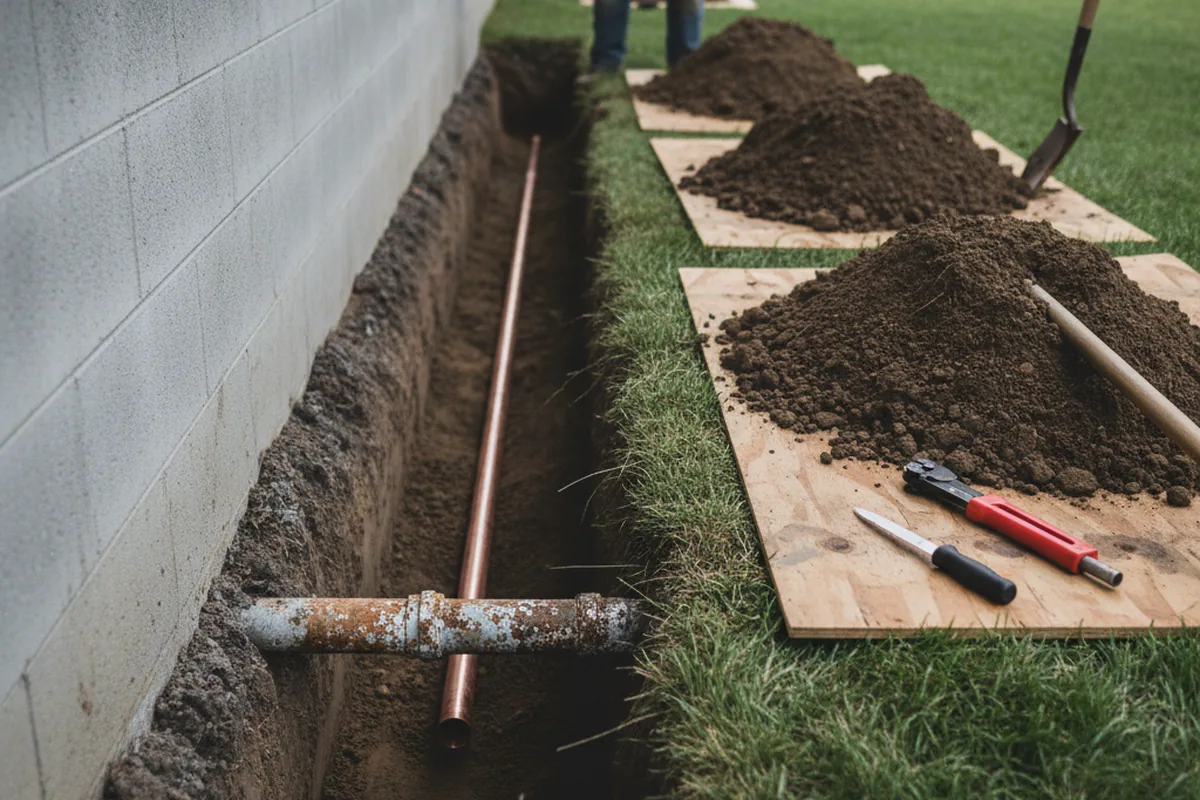 Excavated water line trench during Sewer Line Repair in Mays